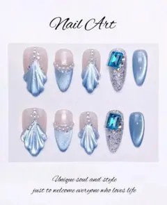 韓国 ネイルチップ Sサイズ マーメイド 水色 ロング マグネット