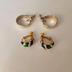 イヤリング　AD　JAPAN　エナメル　ゴールドカラー　青　緑　ラインストーン