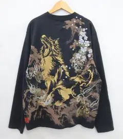 絡繰魂 カラクリタマシイ 214046 影狼 刺繍 長袖Ｔシャツ
