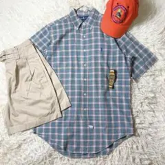 90s ラルフローレン 半袖シャツ M L オールドタグ 刺繍 チェック 緑