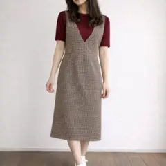 【GU/M】Vネックジャンパードレス ガンクラブチェック 裏地あり ストレッチ