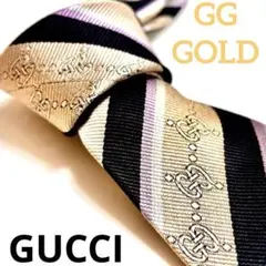現行】GUCCI GG柄 ゴールド＆ピンクゴールドストライプ シルクネクタイ