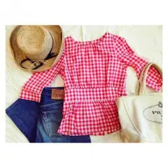 【美品】トゥモローランド ギンガムチェック柄ペプラムトップス