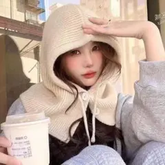 バラクラバ アイボリー 白 マフラー ネックウォーマー ニット 帽子 韓国