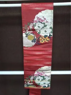 レトロ アンティーク 正絹 名古屋帯 赤系 菊花椿桔梗梅に雪割文様
