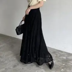 nairo ロングスカート フラワーレーススカート M 黒 フレアスカート