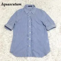 【美品】Aquascutum 半袖7フリルブラウス 8 ブルーのサムネイル