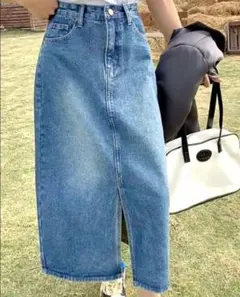 デニムロングスカート　タイト　フロントスリット　マキシ丈　無地　韓国ファッション