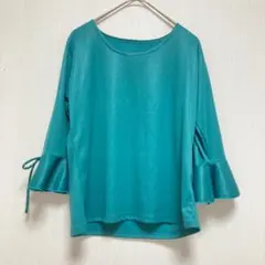 【ユーナ】UNA 長袖シャツ ブラウス 袖フリル ターコイズ 社交ダンス 上品