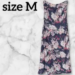 【M】花柄 ベアワンピース ロング丈 ネイビー×ピンク リゾート 旅行