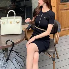 レディース サマーニット ワンピース ミニ丈 春夏 ブラック 579