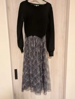 チェック柄ドッキングチュールワンピース S