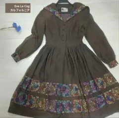 レトロ古着　カラフル刺繍　セーラーカラーシフォンロングワンピース　ヴィンテージ