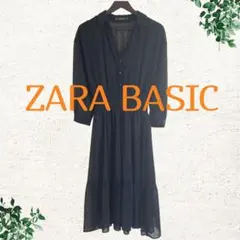 ZARA BASICドット柄 ミディ丈ワンピース シフォン ロングワンピース 黒