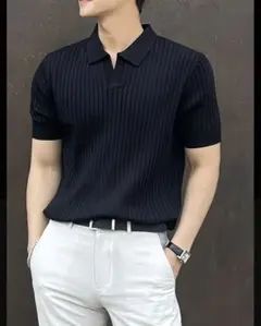 リブ編み 黒 ポロシャツ 半袖