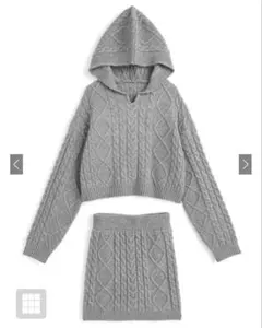 ケーブル編みニットパーカー×タイトミニスカートセットアップ