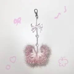 ピンク 蝶　ストラップ リボン　ハンドメイド　かぎ編み　チャーム　スクバデコ