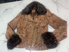 美品★EVALINKA ファー付ショートジャケット／総柄／ブラウン 平成ギャル風