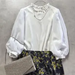 【美品】RoseTiara ローズティアラ　フリルカラーニット　大きいサイズ46