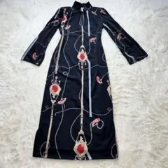 チャイナ風 ワンピース スカーフ柄 大柄 黒 ロング マキシ丈