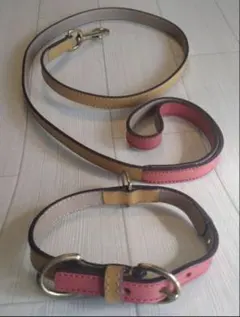 牛革製小型犬用Sサイズ首輪&リードセット、レッド×ライトブラウンレザー切替