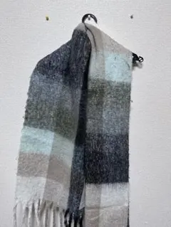 ウール混紡 チェック柄マフラー グレー系