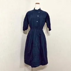 MISS ONWARD 花柄ジャカード ワンピース 五分袖 ネイビー系 綿・麻