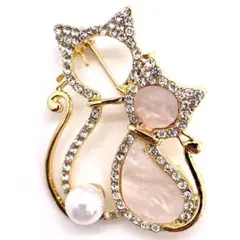 猫モチーフ ラインストーン ブローチ パール 上品