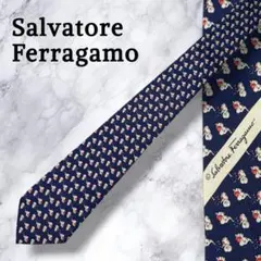 新品同様 Ferragamo フェラガモ ネクタイ 象柄 ネイビー イタリア製