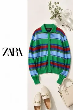 ZARA ザラ　マルチボーダー ニットポロ グリーン クロップド丈 カラフルのサムネイル