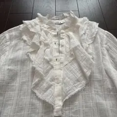 ZARA フリル付きホワイト長袖ブラウス