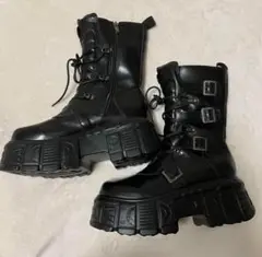 ブラックデザイン厚底メタルブーツ Y2K ロングブーツ 24.5cm
