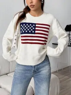 SHEIN アメリカ国旗刺繍ホワイトニットセーター JP-XL(M)