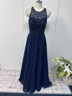 ネイビー刺繍入りシフォンロングドレス