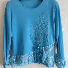 青いビーズ刺繍七分袖トップス