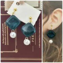 ダークグリーン×ドロップパール　ハンドメイド　イヤリング　ゴールド