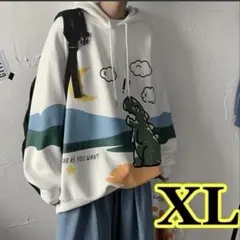 【新品未使用】メンズ 長袖 恐竜 白 フード付 パーカー プリント