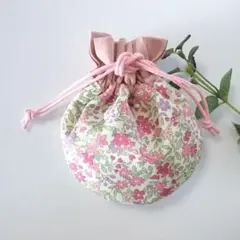 《ミニサイズ》小さな 巾着 ポーチ ・ ピンク の 小花柄　＃n107
