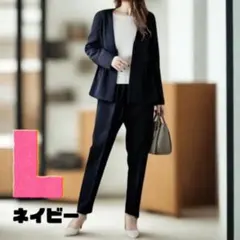 Lネイビーペプラムトップス×パンツ ノーカラースーツ セットアップ入学式卒業式
