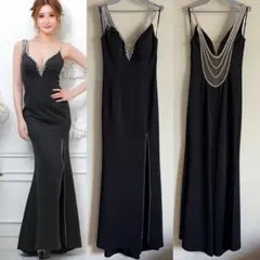 Angel Rストレッチ　ビジュー　ノースリーブタイトスリットロングドレス　黒