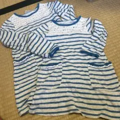 95 110 3カン4オン ストライプ柄レース付き長袖ワンピース 姉妹お揃い