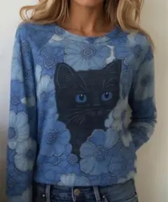 黒猫と花柄の長袖トレーナー　2L