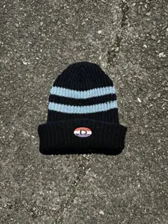 Dロゴ ニット帽 ビーニー 黒と水色 ストライプ ボーダー 90s 00s