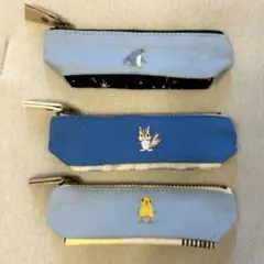 【未使用】動物刺繍の印鑑ケース3個セット ハンドメイド ブルー系