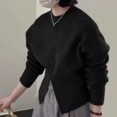 裾ジップスリットニット ブラック ハーフジップ フロントジップ zip