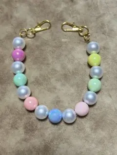 ハンドストラップ14mmパール×パステルカラー丸玉ビーズ金具ゴールド