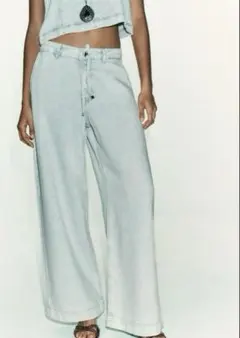 【新品タグ付き】ZARA ザラ ワイドレッグコード付きデニムパンツ 38