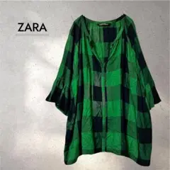 ZARA ザラ チュニック ブラウス S 緑 黒 チェック フリル ドルマンのサムネイル