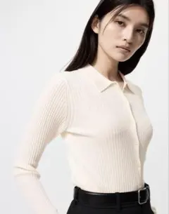 新品UNIQLO メリノブレンドリブポロカーディガン OFFWHITE Mサイズ