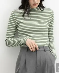 Honeys テレコハイネックボーダーT グリーン×白　M